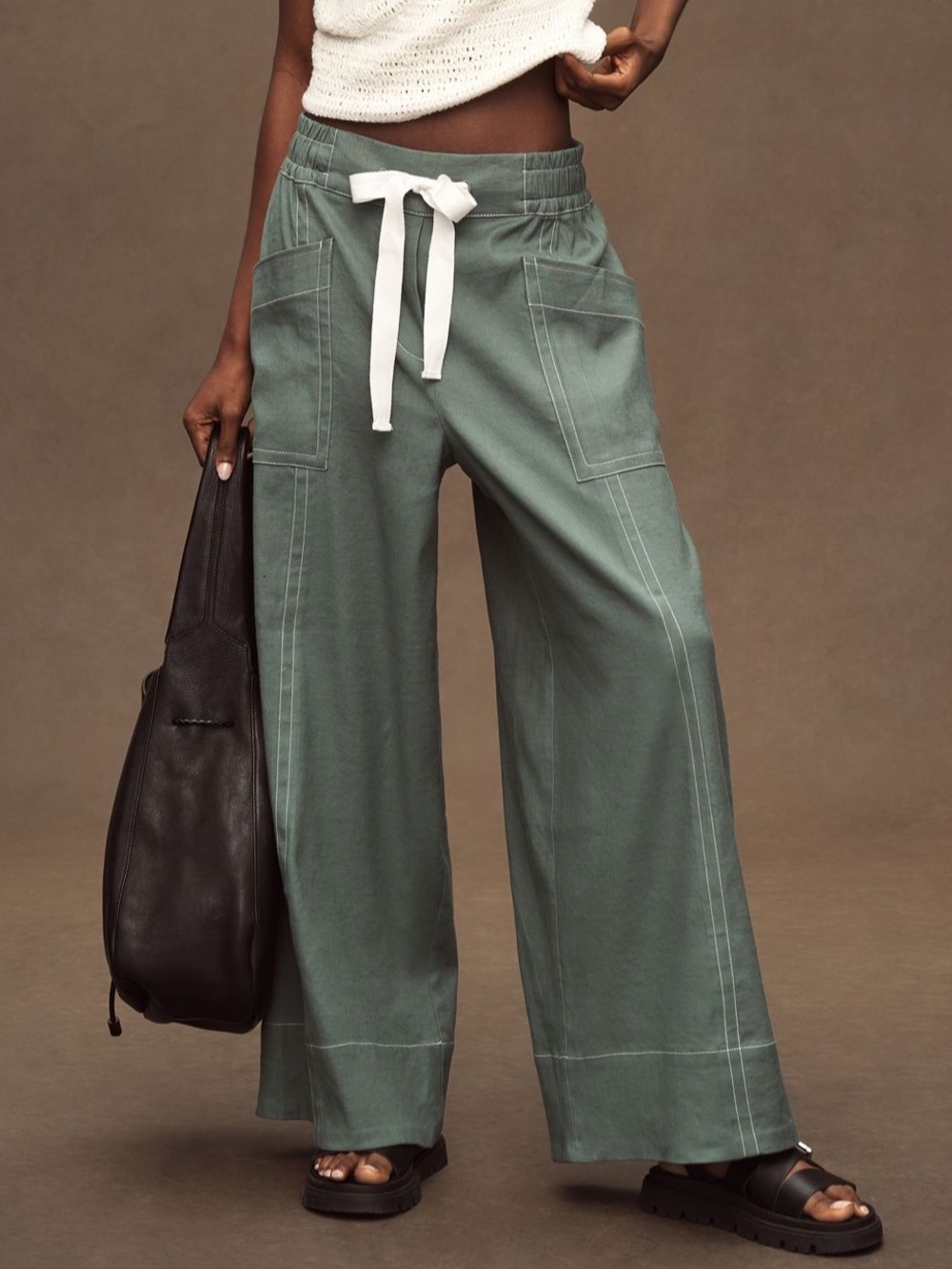 Maeve Sage Green Wide-Leg Drawstring Pants